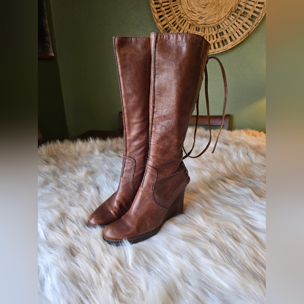 Apepazza Knee High Back Lace Leather Wedge Boots - Picture 3 of 12